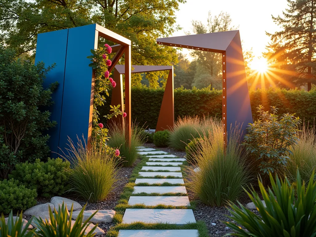 Modern Geometric Garden Dividers at Sunset - A stunning garden scene at golden hour featuring sleek, powder-coated metal geometric dividers in vibrant cobalt blue and copper tones. The angular frames create distinct garden zones, photographed from a wide angle showing their full artistic impact. Climbing roses and clematis weave through the structures, while ornamental grasses sway in the foreground. Modern LED strip lighting integrated into the frames creates a subtle glow. Crystal-clear DSLR shot capturing the interplay of sunset light on the metallic surfaces, with perfect depth of field showing both structural details and lush plantings. Japanese maple adds a graceful organic contrast to the geometric elements.