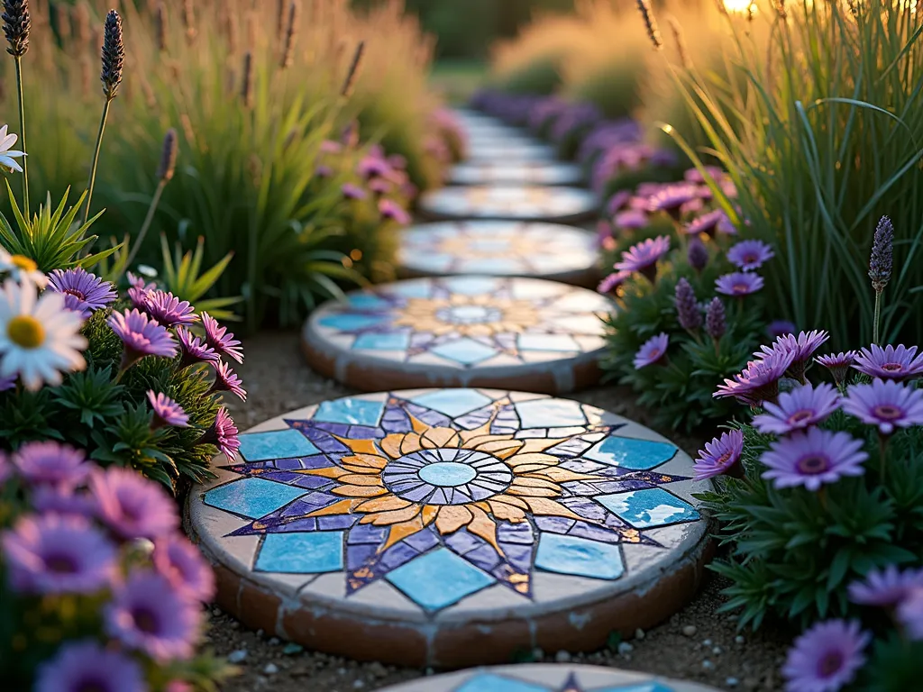 Enchanting Mosaic Garden Path - A close-up view of handcrafted mosaic stepping stones leading through a lush flower garden at golden hour. The stones feature intricate patterns of blue, purple, and amber stained glass pieces mixed with ceramic tiles, creating a mesmerizing mandala design. Soft light catches the glass elements, making them sparkle while lavender and purple verbena spill over the edges of the path. The stepping stones are nestled among clusters of white daisies and pink coneflowers, with ornamental grasses providing a feathery backdrop. Weather-worn copper-toned grout adds an aged, established feel to the artistic pathway.