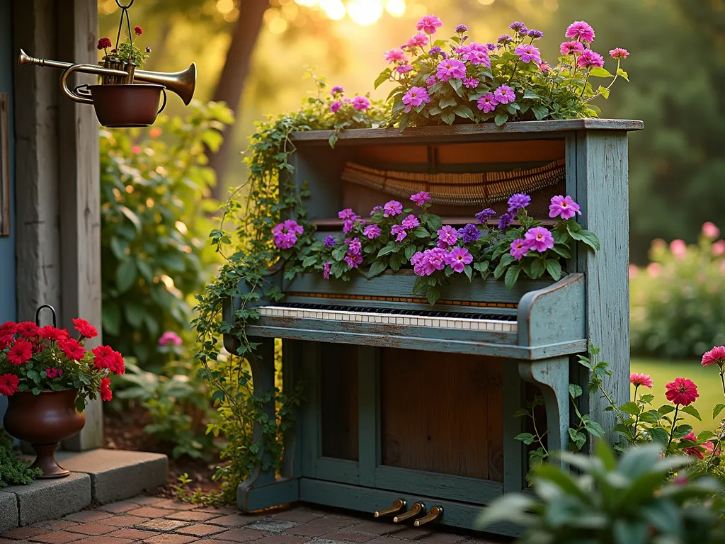 Vintage Piano Garden Planter at Sunset - A rustic garden vignette at golden hour featuring a weathered upright piano transformed into a cascading flower planter, photographed at f/2.8 with soft bokeh. Vibrant purple petunias and pink trailing vincas spill from the open top, while climbing ivy weaves through exposed piano strings. The piano sits on a weathered brick patio corner, backdropped by cottage garden perennials. Warm sunset light filters through nearby trees, casting dappled shadows across the musical planter. A vintage brass trumpet repurposed as a wall-mounted planter with red geraniums hangs nearby, creating a harmonious musical garden composition. Shot with a wide-angle 16-35mm lens capturing the entire romantic garden scene.