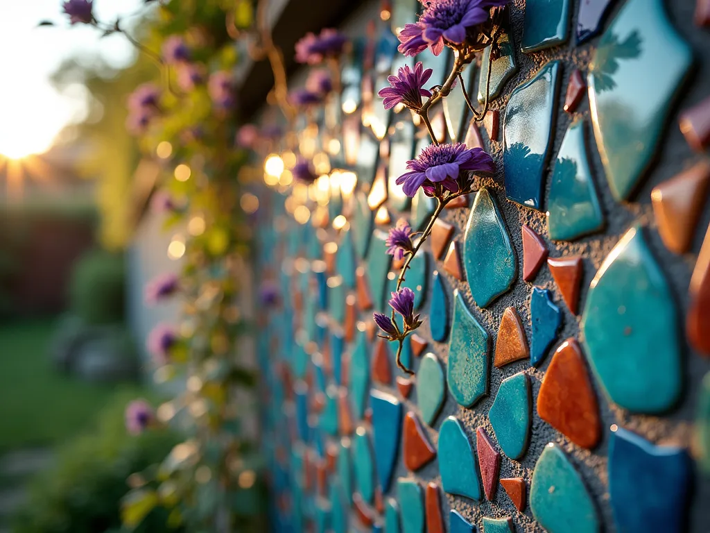 Artful Pottery Mosaic Garden Wall - A captivating close-up shot of a garden wall adorned with a vibrant mosaic pattern made from broken pottery pieces in shades of blue, turquoise, and terra cotta. The late afternoon sunlight casts warm shadows across the textured surface, while delicate purple clematis vines weave through the mosaic, their flowers contrasting beautifully against the colorful ceramic fragments. The DSLR camera captures the intricate details of each pottery shard, showcasing their glazed surfaces and creating a stunning interplay of light and texture. The composition reveals both the artistic arrangement of the mosaic and its integration with the climbing plants, demonstrating how this decorative element transforms an ordinary garden wall into a mesmerizing focal point.