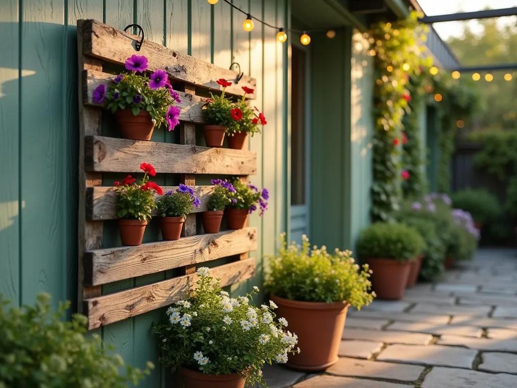 Rustic Vertical Palette Garden Wall - A close-up view of a weathered wooden palette mounted vertically on a garden wall at golden hour, painted in a soft sage green. The palette slots are overflowing with vibrant cascading flowers including purple petunias, red verbena, and white trailing lobelia. Vintage terracotta pots are nestled within some compartments, while others feature direct plantings. String lights weave through the structure, creating a warm ambient glow. The background shows a cozy patio corner with natural stone flooring and climbing ivy on the adjacent wall. Photorealistic, depth of field, soft evening lighting, cottage core aesthetic.