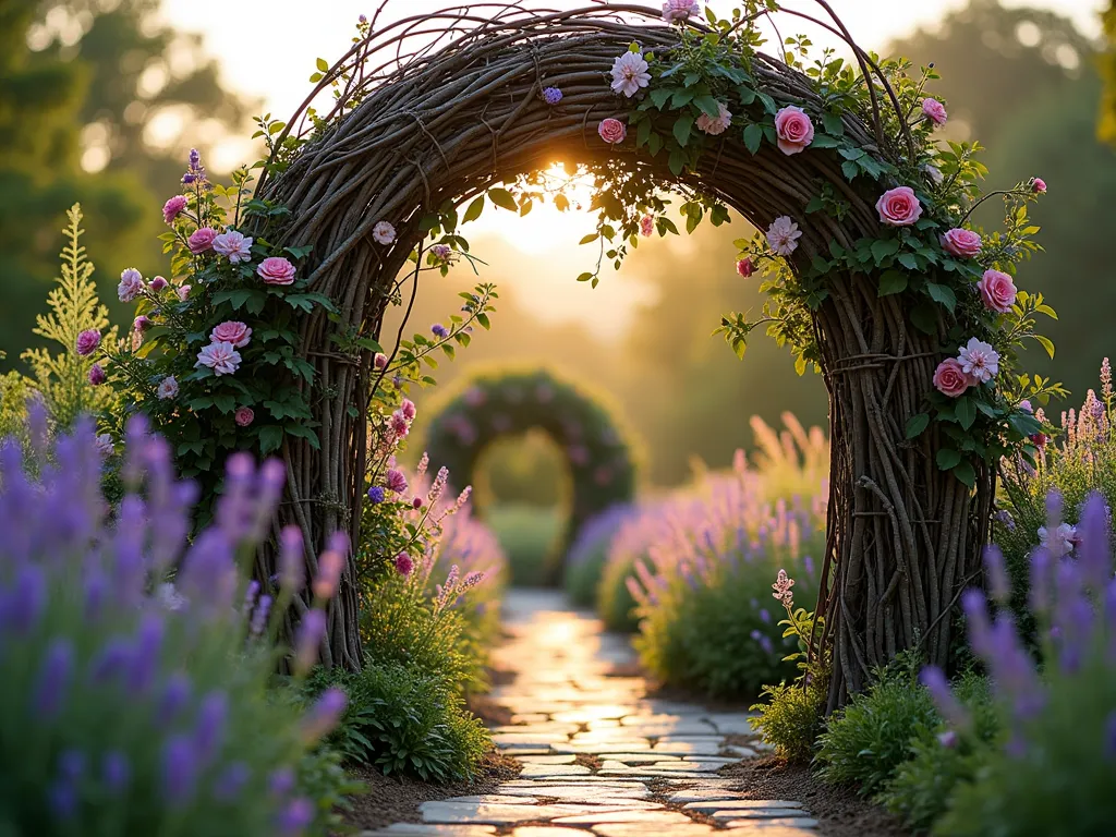 Natural Branch Arch with Climbing Roses - A stunning wide-angle shot of a rustic garden arch made from intricately woven natural branches and twigs, captured during golden hour. The arch stands 8 feet tall, creating a focal point in a cottage garden setting. Climbing pink roses and purple clematis intertwine through the weathered branches, their blooms cascading naturally. Soft evening sunlight filters through the structure, casting intricate shadow patterns on the stone pathway below. The arch is framed by lush perennial borders featuring lavender and ornamental grasses, creating a dreamy, enchanted garden atmosphere. Photorealistic, high detail, with bokeh effect in background.