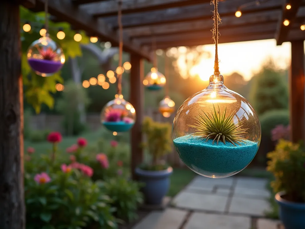 Ethereal Suspended Glass Globe Garden at Dusk - A magical twilight garden scene captured with a 16-35mm lens at f/2.8, ISO 400. Multiple delicate glass globes of varying sizes hang from a weathered wooden pergola, floating at different heights. Each globe contains vibrant air plants nestled in layers of turquoise and purple sand. The setting sun casts golden light through the spheres, creating prismatic effects across the garden. The background features soft-focus flowering perennials and string lights, while the foreground shows a natural stone patio. Depth of field emphasizes the closest globe, which captures the warm evening light perfectly, making it glow like a magical lantern. A gentle breeze suggests movement, with some globes slightly swaying.