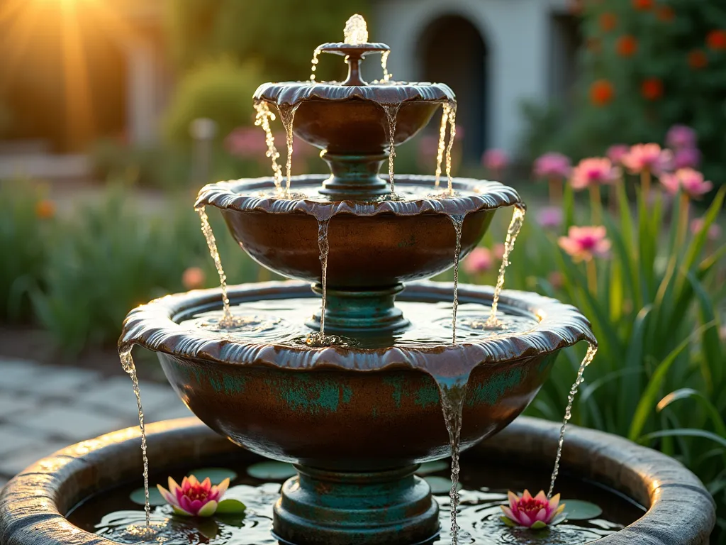 Elegant Tiered Copper Fountain Garden Feature - A mesmerizing close-up shot of a multi-tiered copper fountain at golden hour, captured with a 16-35mm lens at f/2.8. The fountain features three weathered copper bowls cascading water in gentle streams, surrounded by blooming water lilies and papyrus in each tier. The copper has developed a beautiful verdigris patina in places, creating an enchanting interplay of turquoise and warm copper tones. Soft evening light filters through the water droplets, creating magical sparkles while Japanese iris and creek sedge grow organically around the base. The background shows a blurred cottage garden with climbing roses and the fountain is positioned on a natural stone patio, with the water sounds almost visible in the crystalline captures of the falling water.