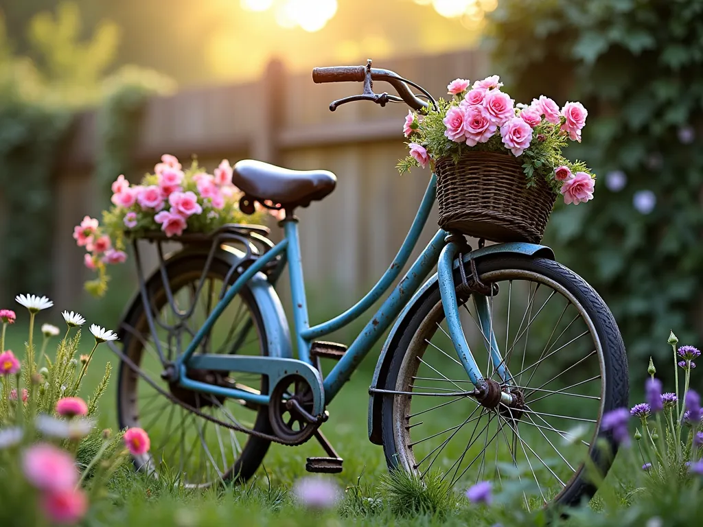 Vintage Bicycle Garden Display at Dawn - A rustic vintage bicycle with weathered blue paint positioned in a cottage garden setting at dawn, golden sunlight filtering through morning mist. The bicycle's front basket and custom-mounted wire baskets along its frame overflow with cascading pink and purple petunias and white verbenas. Climbing roses wind through the bicycle's spokes, while lavender and wild daisies grow naturally around its base. Shot from a low angle to emphasize the whimsical nature, with bokeh effects from dew drops catching the early light. The background features a weathered wooden fence covered in ivy, creating depth and context in the garden setting. Photorealistic, high detail, soft morning lighting, DSLR, f/8, ISO 100, 1/125