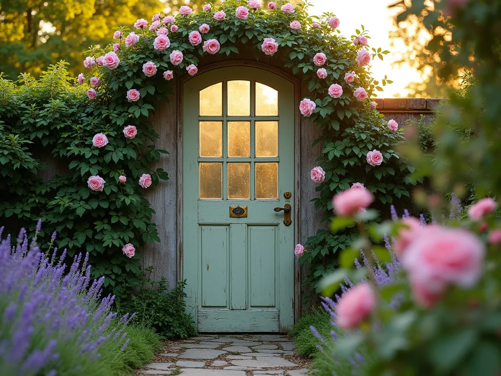 Enchanting Vintage Door Garden Gate with Climbing Roses - A rustic weathered wooden door repurposed as a charming garden gate, photographed during golden hour. The antique door features ornate glass panels and vintage brass hardware, painted in a soft sage green. Lush climbing pink David Austin roses gracefully wind up both sides, with some blooms peeking through the glass. Natural stone path leading up to the gate, with lavender borders and cottage garden perennials creating a dreamy, romantic atmosphere. Shot with shallow depth of field focusing on the door's vintage details and roses, soft evening light casting warm shadows across the scene. Wide-angle perspective showing the gate as a focal point within the garden setting.