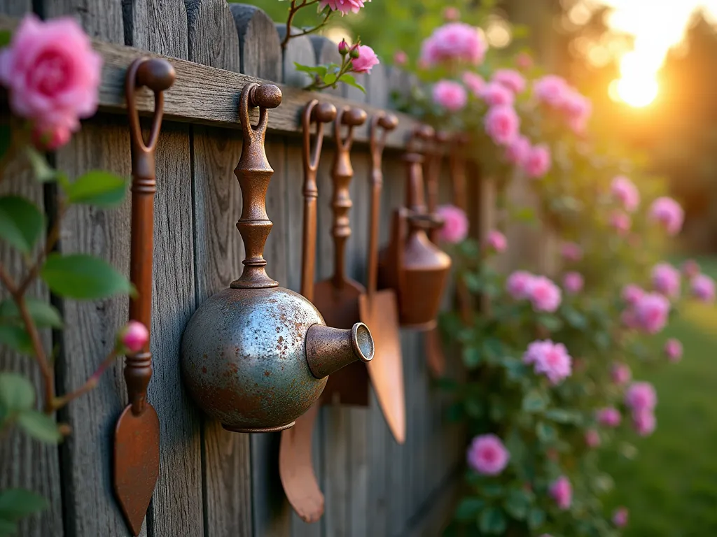 Rustic Garden Tool Wall Display with Climbing Roses - A stunning close-up DSLR photo of an artistically arranged vintage garden tool display on a weathered wooden fence during golden hour. Antique metal rake heads, rusty watering cans, and copper hand trowels create a nostalgic pattern, while pink climbing roses and purple clematis weave naturally through the tools. Soft evening sunlight casts warm shadows across the weathered metal surfaces, highlighting their patina. The composition captures the perfect balance between rustic garden artifacts and living botanical elements, shot at f/8 with natural depth of field showing both sharp tool details and softly blurred flowers in the background.