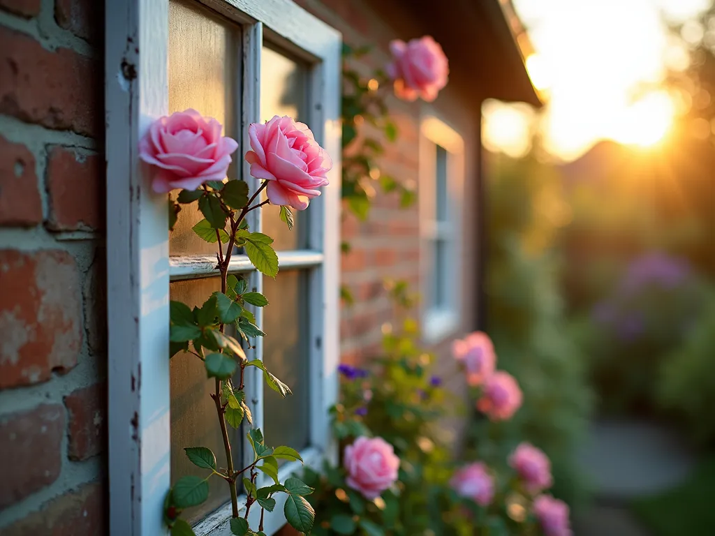 Vintage Window Frame Garden Trellis with Climbing Roses - Close-up shot at golden hour of a rustic white-painted wooden window frame repurposed as a garden trellis, with pink climbing roses and purple clematis intertwined through its panes. The vintage frame is mounted against a weathered brick wall in a cottage garden setting, with soft evening sunlight filtering through the flowers creating ethereal shadows on the ground. Deep depth of field captures the intricate details of the weathered frame and delicate flower petals, while bokeh effect in the background shows glimpses of other garden flowers. Shot with natural lighting at f/2.8 for dreamy atmosphere.