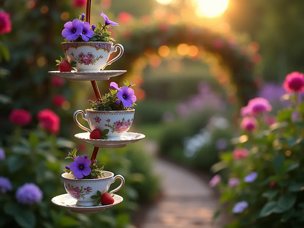 Whimsical Floating Teacup Garden Display - A magical twilight garden scene featuring vintage porcelain teacups and saucers floating at different heights on copper metal rods, creating an enchanted Alice in Wonderland atmosphere. The teacups burst with cascading purple mini petunias and delicate alpine strawberries with tiny red fruits. Soft golden hour lighting filters through the cups, casting whimsical shadows on the rustic garden path below. Captured with a medium-wide angle shot, showing the floating teacup installation against a backdrop of climbing roses and fairy lights. The composition includes 5-7 teacups arranged in an artistic spiral pattern, each cup weathered with character and decorated with intricate floral patterns. Professional photography with shallow depth of field highlighting the dreamy, ethereal quality of the scene.