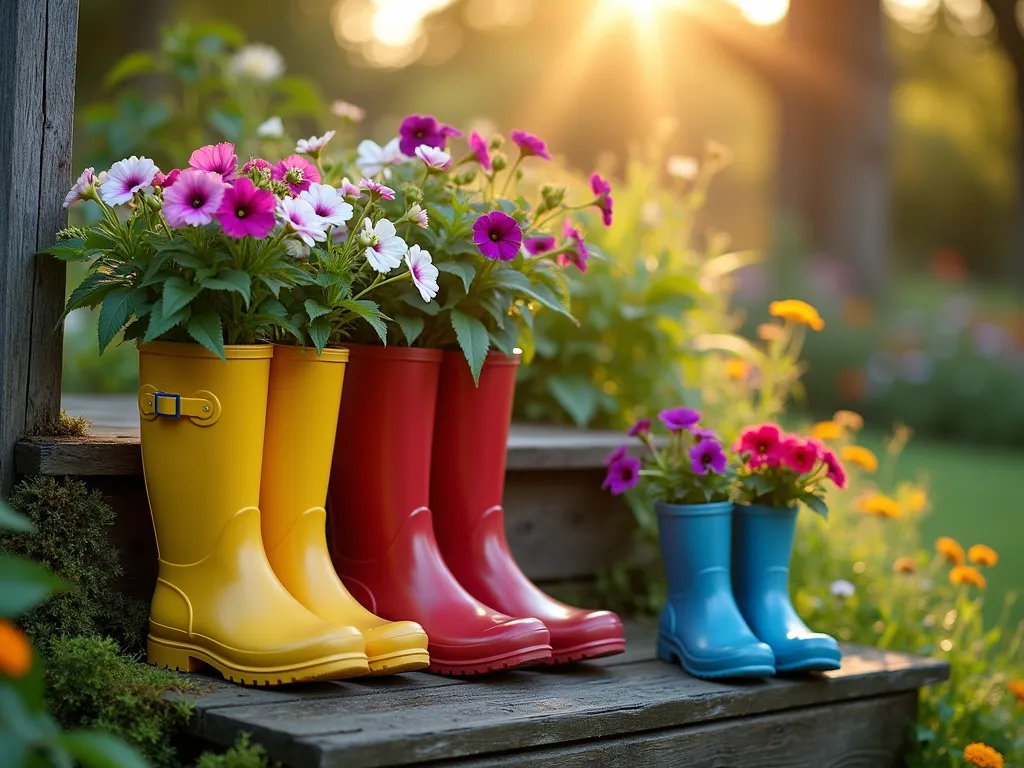 Whimsical Rain Boot Garden Display - A charming garden vignette featuring colorful vintage rain boots arranged on rustic wooden steps, photographed during golden hour. The boots, in cheerful yellow, red, and blue rubber, overflow with vibrant petunias, lobelia, and trailing nasturtiums. Soft evening sunlight filters through nearby trees, creating a magical atmosphere. The weathered wooden steps are adorned with moss accents, while a cottage-style garden blurs softly in the background. Shot with shallow depth of field focusing on the central boot arrangement, capturing the playful upcycled garden detail with professional DSLR clarity, f/8, ISO 100, shutter speed 1/125.