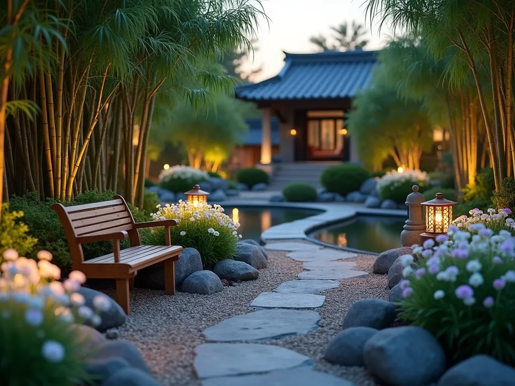 Japanese Zen Garden with Purple and White Windflowers - A serene Japanese-inspired garden at twilight, photographed with a wide-angle lens capturing the peaceful atmosphere. Natural stone pathways wind through clusters of white and purple windflowers, leading to a traditional wooden bamboo bench. Stone lanterns cast a soft, warm glow across the scene, while a small bamboo water fountain creates gentle ripples in a nearby pond. Tall bamboo stalks frame the background, their leaves rustling in the gentle breeze. The garden is accented with carefully placed granite boulders and raked gravel patterns, creating a harmonious blend of natural and designed elements. Shot at f/2.8 with beautiful bokeh effect highlighting the ethereal quality of the evening light.