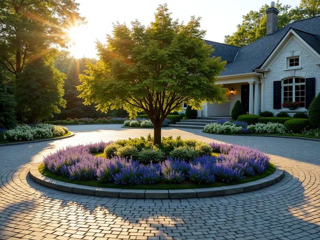 Elegant Circular Driveway Garden Island - A professionally landscaped circular garden island in the center of a curved driveway, photographed during golden hour. A mature Japanese Maple tree serves as the centerpiece, surrounded by concentric rings of purple salvia, white echinacea, and cascading blue festuca grass. The island features natural stone edging, with creeping thyme as ground cover spilling over the edges. The curved driveway is made of premium gray cobblestone pavers, creating an elegant sweeping approach to a stately home visible in the background. The lighting creates long shadows that emphasize the garden's dimensional design, architectural 8K photograph, photorealistic quality.