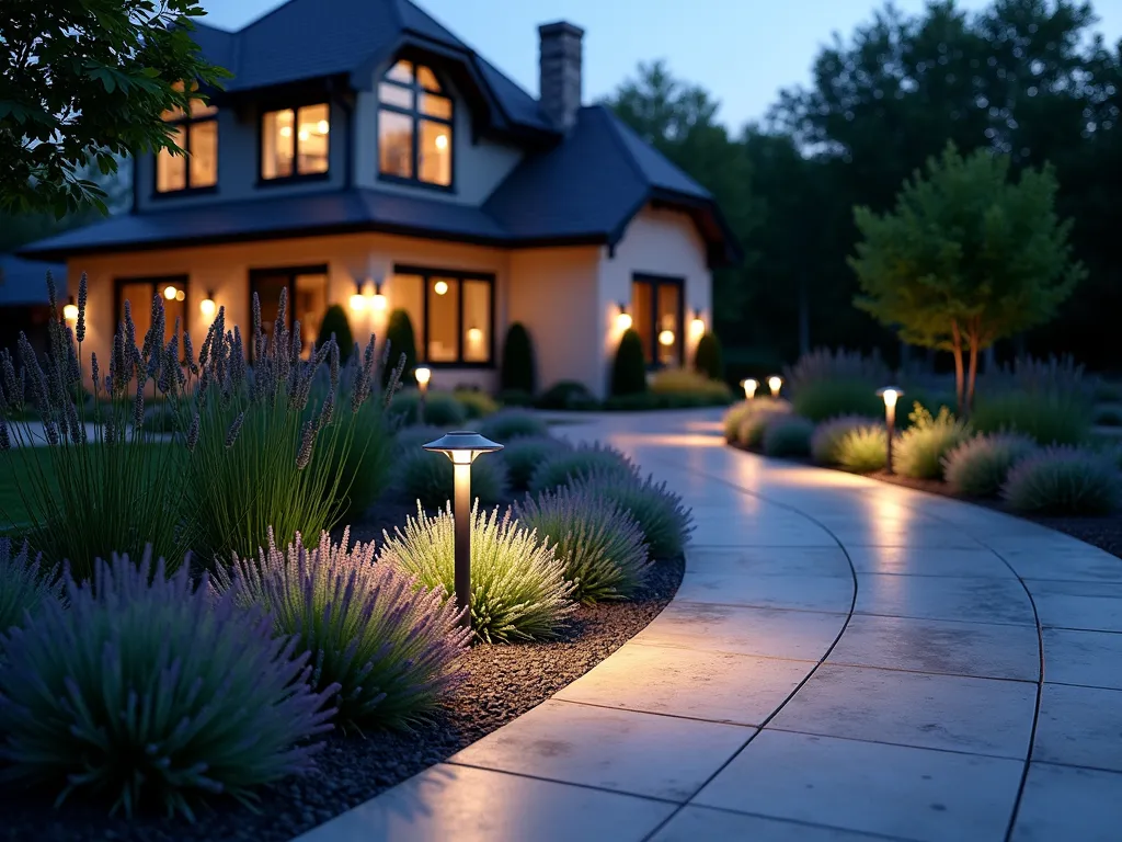 Elegant Illuminated Garden Path - A sophisticated front garden at dusk featuring a curved driveway lined with modern solar-powered path lights. The lights cast a warm, inviting glow over neatly manicured lavender and sedum plants. The illuminated pathway is bordered by ornamental grasses that catch the evening light, creating magical shadows. The garden design includes clusters of low-growing plants with silver foliage that reflect the gentle lighting. Photorealistic, architectural photography style, soft twilight atmosphere, detailed garden landscaping.