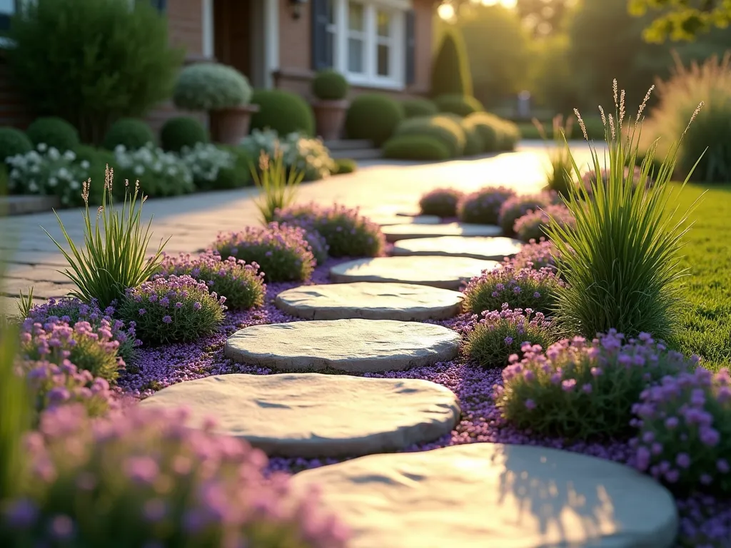 Enchanting Stepping Stone Path with Driveway - A serene residential front garden featuring a winding stepping stone pathway made of natural flat stones, running parallel to a neat concrete driveway. The stones are surrounded by lush patches of blooming purple creeping thyme that spills over their edges, creating a soft, magical border. The pathway is bathed in warm late afternoon sunlight, casting gentle shadows across the stones. Low-maintenance ornamental grasses and small flowering perennials dot the landscape between the path and driveway, creating a harmonious transition. The scene is captured from a low angle to emphasize the whimsical journey of the stepping stones through the garden, photorealistic style, 4K quality.