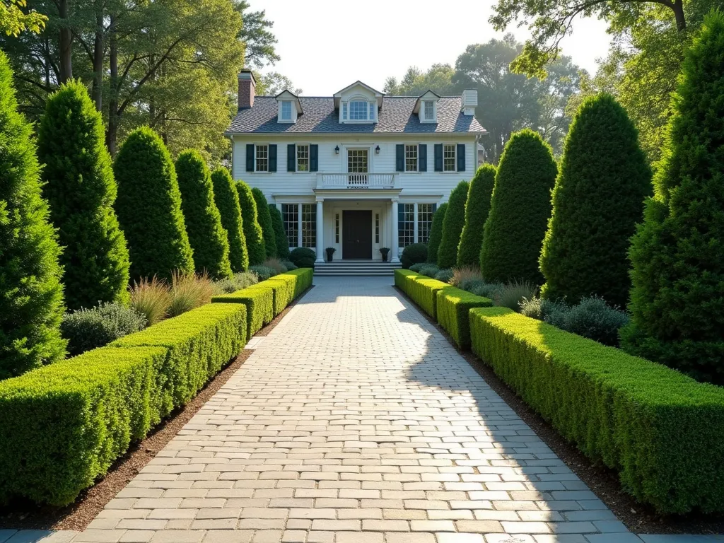 Elegant Formal Driveway with Box Hedge Borders - A stunning residential driveway lined with immaculately trimmed, emerald green boxwood hedges creating perfect symmetrical borders. The hedges are precisely maintained at 3 feet tall, with crisp corners and clean lines. A grand traditional home is visible in the background. The driveway is made of light-colored pavers, contrasting beautifully with the deep green of the hedges. Early morning sunlight casts gentle shadows across the scene, highlighting the formal geometric patterns. The hedging creates clear, sophisticated boundaries between the driveway and adjacent garden beds, photorealistic, architectural photography style.