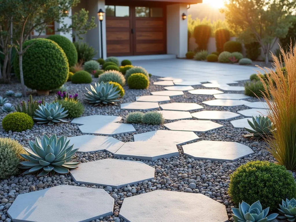 Modern Geometric Driveway with Desert Garden - A stunning modern front garden driveway featuring hexagonal concrete pavers in light gray, creating a geometric pattern with gaps filled by low-growing succulents. Various colorful succulents including blue-green Echeveria, purple Aeonium, and golden Sedum arranged in artistic clusters between the pavers. The design showcases a clean, contemporary aesthetic with drought-resistant plants in different heights and textures. Shot during golden hour with long shadows emphasizing the geometric patterns, photorealistic, architectural photography style