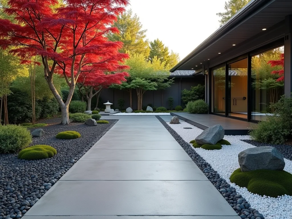 Zen Garden Driveway with Japanese Maples - A serene modern driveway design featuring smooth grey concrete bordered by meticulously arranged black river rocks and white gravel gardens. Elegant Japanese maple trees with deep red foliage provide focal points, while tall, slender bamboo creates natural screening. Clean geometric lines define the space, with carefully positioned granite boulders and moss patches adding authentic Japanese garden elements. The scene is captured during golden hour, creating subtle shadows that emphasize the minimalist landscape design. A simple stone lantern adds traditional character, while architectural plants create layers of texture against a peaceful backdrop.