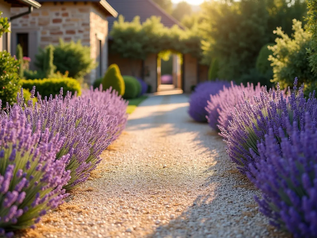 Lavender-Lined Mediterranean Gravel Driveway - A serene and elegant residential gravel driveway bathed in warm sunlight, lined on both sides with lush rows of blooming French lavender creating purple ribbons of color. The light-colored crushed stone driveway weaves through the lavender borders, creating a stunning contrast against the purple blooms. The scene captures a Provençal atmosphere with the lavender plants in full bloom, their stems gently swaying in the breeze. In the background, glimpses of a Mediterranean-style home with warm stone facades complement the landscape. The composition shows perfect symmetry with well-maintained lavender bushes that appear soft and inviting, while the gravel provides a clean, organized appearance. Shot during golden hour to enhance the romantic, cottage-garden atmosphere, with subtle depth of field.