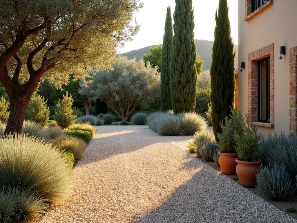 Mediterranean Gravel Garden with Driveway - A sun-drenched Mediterranean front garden with a neat gravel driveway, featuring elegant olive trees casting dappled shadows. Tall Italian cypress trees line one side, creating natural borders. The landscape is adorned with flowing ornamental grasses in silver and burgundy hues, and clusters of drought-resistant lavender. Small decorative stones and pebbles in warm beige tones cover the ground, interspersed with Mediterranean herbs. The scene is captured during golden hour, emphasizing the warm, inviting Southern European atmosphere. A rustic stone pathway connects to the gravel driveway, with terra cotta pots containing rosemary and sage adding authentic Mediterranean charm. Photorealistic, architectural photography style.