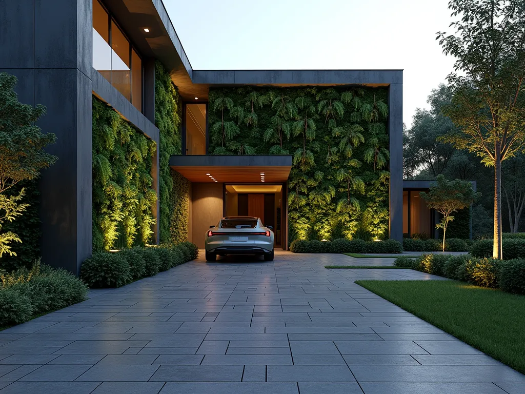 Modern Block Paving with Living Wall - A photorealistic front driveway with sleek, geometric charcoal-colored block paving in a contemporary herringbone pattern, bordered by a stunning floor-to-ceiling living wall system. The vertical garden features cascading ferns, climbing vines, and various shades of green foliage creating a lush, textured backdrop. Modern architectural lighting illuminates both the driveway and plant wall. A luxury electric vehicle is partially visible, emphasizing the clean lines and minimalist design. Shot during golden hour with dramatic shadows cast across the paving blocks.