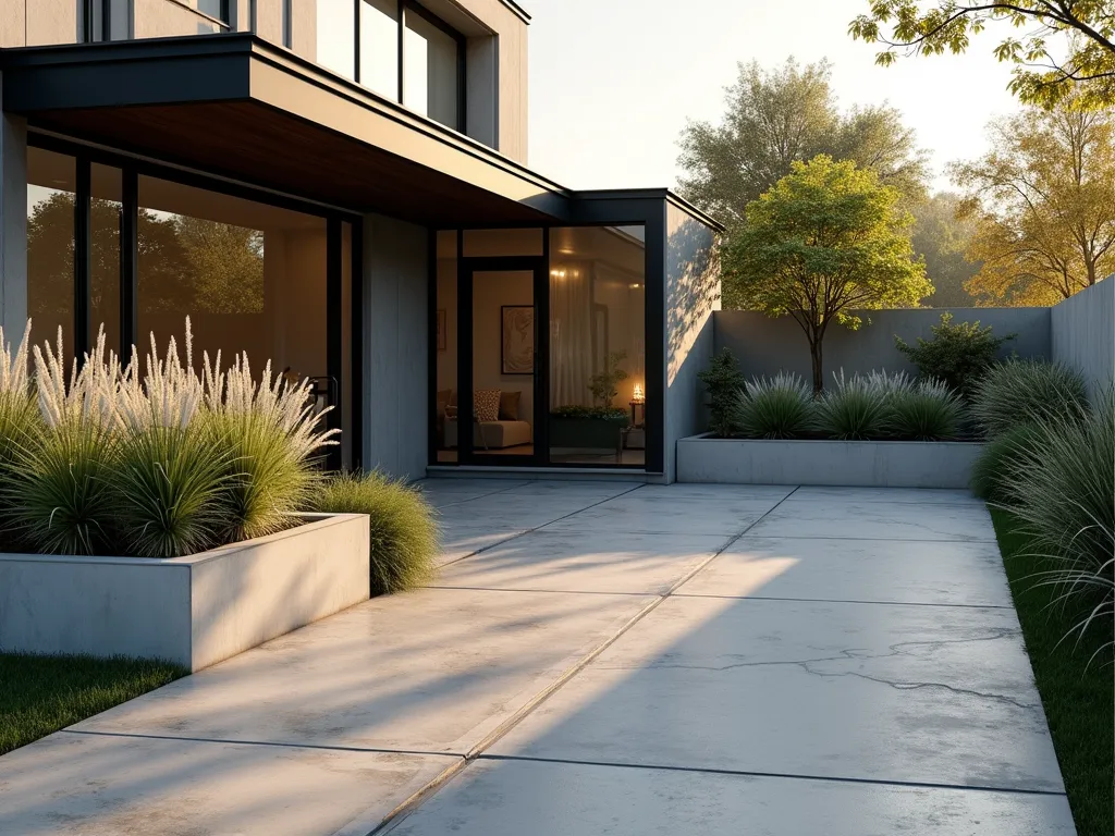 Modern Concrete and Steel Garden Design - Professional architectural photography of a contemporary front garden with a clean concrete driveway. Featuring angular raised concrete planters with sharp edges in light gray, complemented by sleek black steel beam accents. Dramatic phormium tenax with their sword-like leaves emerge from the planters, alongside flowing silver feather grass catching evening light. Minimalist house facade visible in background with large glass panels. Shot during golden hour with dramatic shadows casting geometric patterns. Photorealistic, high-end landscape design, 8k resolution.