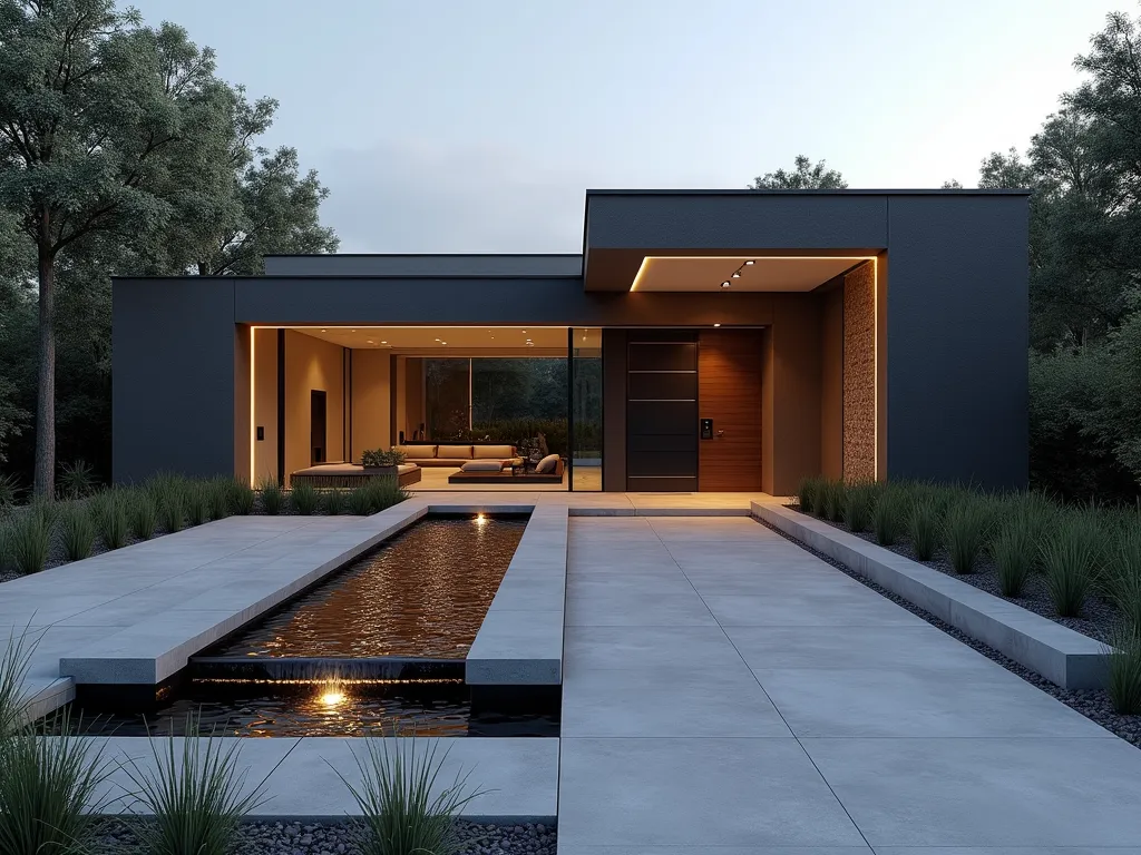 Modern Driveway Water Feature - Photorealistic render of an elegant contemporary home entrance with a sleek rectangular water feature running parallel to the driveway. The minimalist water feature features cascading levels with subtle LED strip lighting illuminating the flowing water. Clean geometric lines, dark granite stone walls, and brushed stainless steel accents create a sophisticated atmosphere. Evening scene with warm ambient lighting casting gentle reflections on the water's surface. Modern landscaping with architectural grasses frames the entrance.