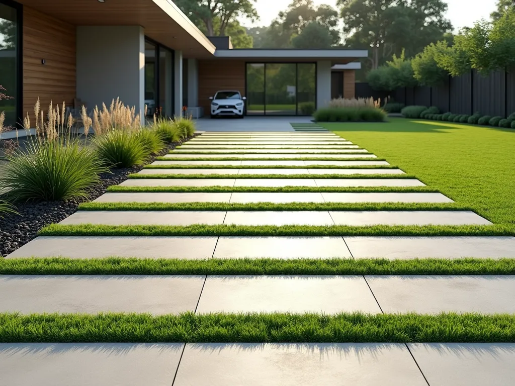 Modern Strip Driveway with Green Integration - A modern residential driveway featuring parallel concrete strips with lush green grass growing between them, leading to a contemporary home. The strips are perfectly aligned and evenly spaced, creating a sleek geometric pattern. Low-maintenance fescue grass fills the gaps between concrete, providing an eco-friendly aesthetic. Soft morning light casts subtle shadows across the driveway, highlighting its innovative design. The edges are lined with minimal, modern landscaping including ornamental grasses and native plants. Shot from a slight elevated angle to showcase the striking pattern, photorealistic style, 4K resolution.