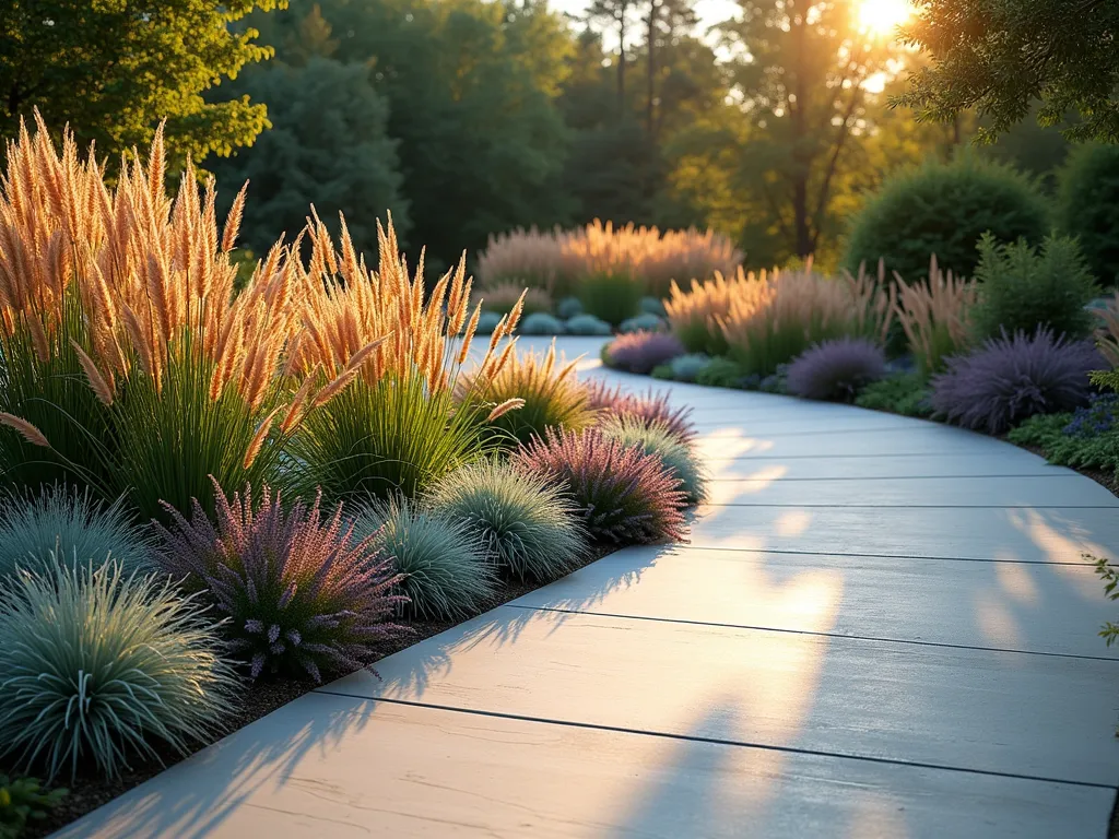 Modern Ornamental Grass Garden Border - A stunning front garden landscape with a modern concrete driveway bordered by a dramatic display of ornamental grasses. Featuring layers of tall Feather Reed Grass, medium-height Purple Fountain Grass, and low-growing Blue Fescue creating a rhythmic, flowing pattern. The grasses catch golden evening sunlight, casting elegant shadows on the driveway. Various heights and textures create a naturalistic movement, with some grasses displaying copper-colored plumes while others show silvery-blue foliage. Photorealistic, architectural photography style, clear focus.