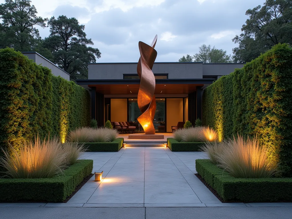 Modern Sculptural Driveway Entrance - A stunning contemporary front garden entrance featuring a tall, abstract copper sculpture as focal point, flanked by a curved driveway. Clean lines of architectural boxwood hedges and ornamental grasses create structure. Modern landscape lighting illuminates the sculpture. Minimalist plantings of Japanese forest grass and maiden grass provide movement. Photography style: architectural, golden hour lighting, dramatic shadows, photorealistic.