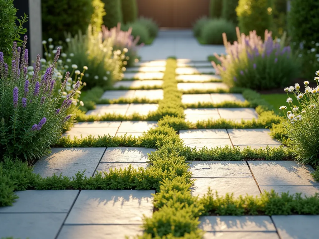 Aromatic Permeable Driveway with Herbs - A sunlit residential driveway featuring elegant gray permeable pavers with lush green herbs growing between them, creating a geometric pattern. The herbs, including creeping thyme with delicate purple blooms and low-growing chamomile with white daisy-like flowers, spill naturally between the pavers. The driveway has a modern yet organic feel, with the herbs creating a soft, natural contrast against the structured pavers. Warm afternoon light casts gentle shadows across the surface, highlighting the textural interplay between stone and foliage. A light breeze appears to ruffle the aromatic plants, suggesting their fragrant nature. Photorealistic style, high-end architectural photography.