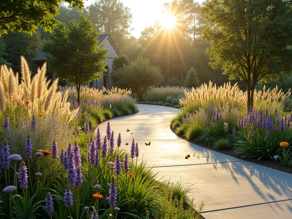 Modern Prairie Garden with Natural Driveway Border - A stunning front garden landscape featuring a curved concrete driveway bordered by flowing masses of tall ornamental grasses, purple coneflowers, and native prairie plants. Golden afternoon sunlight filters through the swaying grass plumes, creating a dreamy atmosphere. The naturalistic garden design includes layers of Karl Foerster feather reed grass, Little Bluestem, and Black-Eyed Susans in varying heights. Butterflies hover over the wildflowers. The garden has a contemporary yet wild aesthetic, with the plants softening the hardscape of the driveway. Photorealistic, architectural photography style.