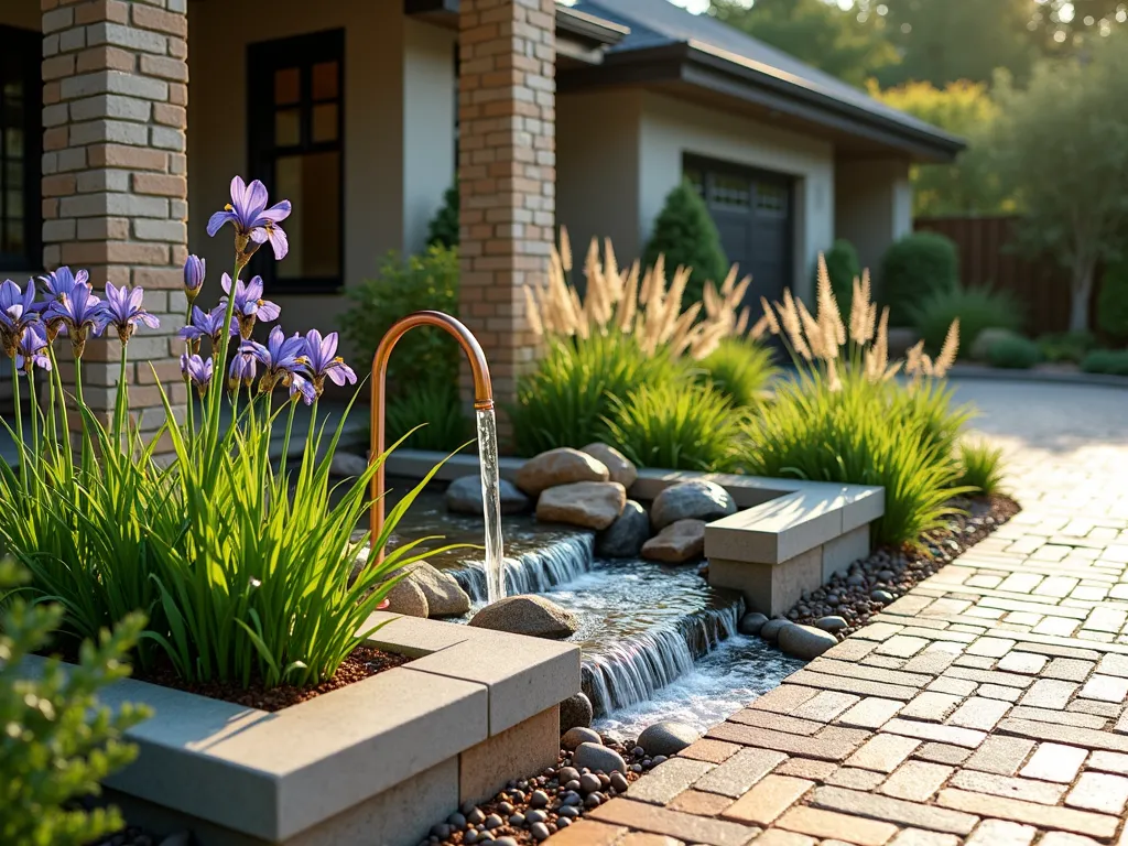 Elegant Rain Chain Garden with Driveway - A photorealistic front garden scene featuring a contemporary copper rain chain elegantly cascading down from the roofline alongside a modern driveway. The rain chain leads to a beautifully landscaped rain garden filled with lush Japanese iris, swaying ornamental grasses, and flowering hostas. Natural stone borders create a defined catchment area, while smooth river rocks line the base. Soft afternoon lighting highlights water droplets flowing down the chain, creating a serene and functional garden feature. The driveway is made of permeable pavers in warm earth tones, complementing the garden's natural aesthetic.