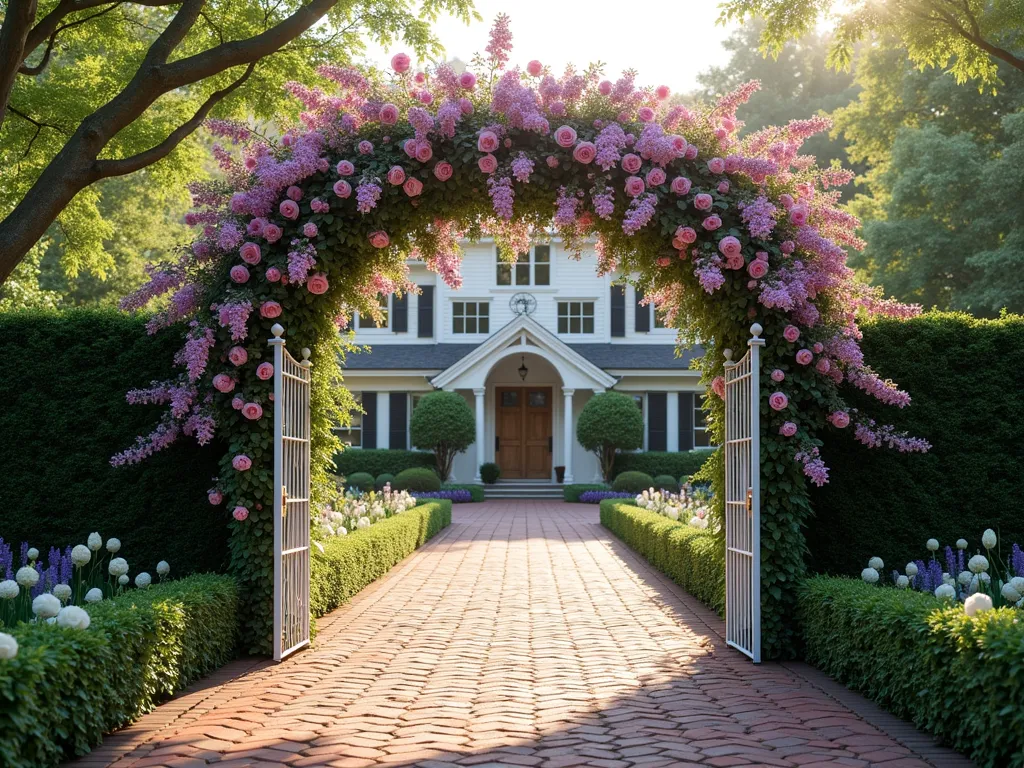 Romantic Rose Arch Driveway Entrance - A stunning photorealistic wide-angle view of an elegant white metal garden arch spanning a brick paved driveway entrance. The arch is abundantly covered with climbing pink David Austin roses and cascading purple wisteria in full bloom. Neatly manicured boxwood hedges line both sides of the driveway, with soft evening sunlight filtering through the flowers. The arch frames a beautiful Arts and Crafts style home in the background, creating a romantic, cottage garden atmosphere. Dappled shadows play across the brick driveway, while white garden roses and lavender plants soften the border edges.