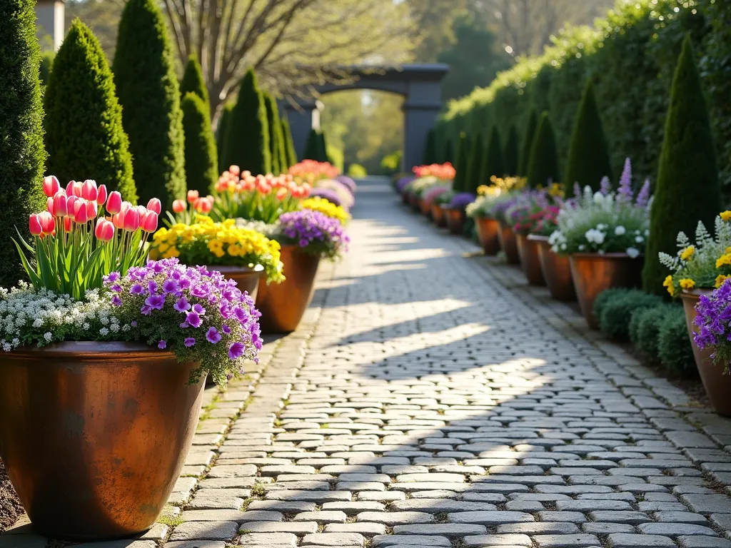 Elegant Driveway with Seasonal Container Garden Display - A sweeping cobblestone driveway lined with large, weathered copper planters, photographed in late afternoon sunlight. The containers showcase a stunning mix of seasonal plantings, with some featuring bright pink tulips and yellow daffodils in full bloom, while others display cascading purple petunias, white lobelia, and silver dusty miller. Architectural boxwood topiaries anchor several containers. The planters are evenly spaced along both sides of the driveway, creating a grand entrance approach. Soft natural lighting casts gentle shadows, highlighting the textural variety of the plantings. Professional garden photography style, high-end residential setting.