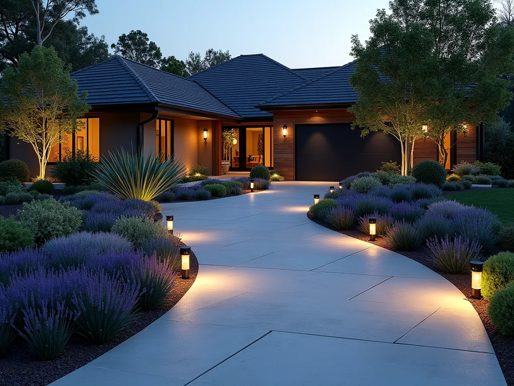 Modern Smart-Lit Driveway Garden at Dusk - A stunning modern front garden at twilight featuring a curved driveway bordered by sculptural ornamental grasses and lavender. Smart LED ground lights illuminate the pathway with a warm glow, while strategically placed uplights highlight architectural plants and a modern water feature. Contemporary bollard lights provide ambient illumination, showcasing the garden's layered design. The lighting creates dramatic shadows and highlights the texture of the plants. Photorealistic, architectural photography style, soft evening atmosphere.