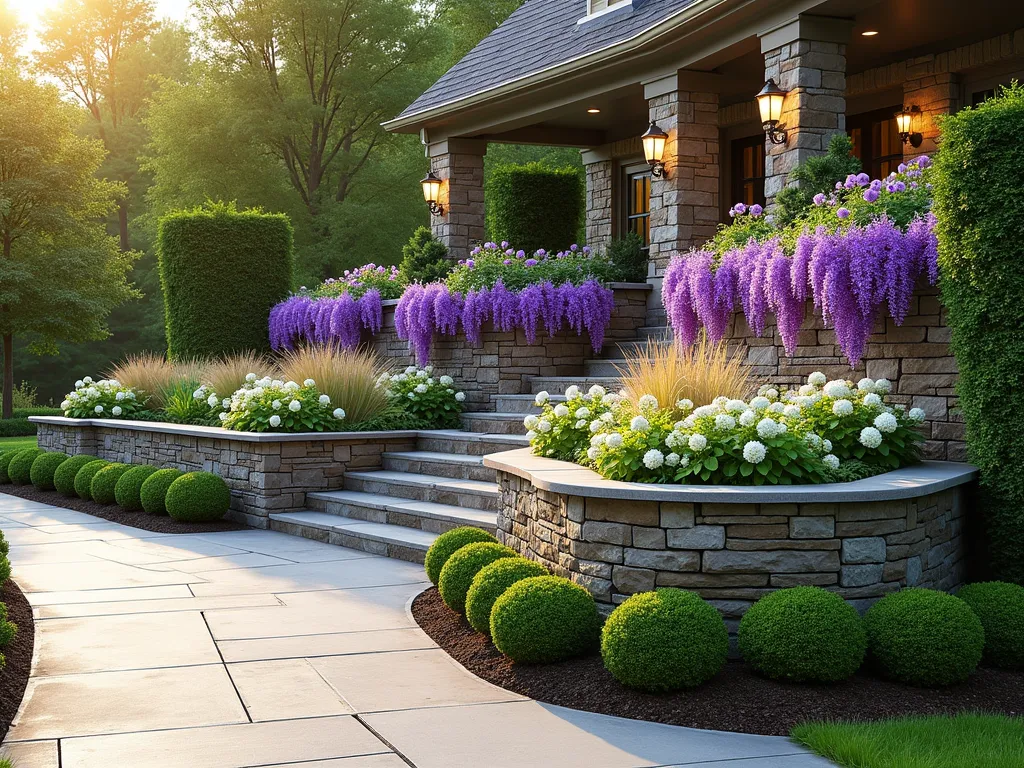 Elegant Split-Level Terrace Garden with Curved Driveway - A photorealistic side view of a luxurious split-level front garden with a gently curving concrete driveway. Three natural stone retaining walls create dramatic terraced garden beds at different heights. Abundant purple cascading flowers like wisteria and trailing verbena spill over the walls, while structured boxwood shrubs provide architectural interest. The lowest terrace features ornamental grasses catching golden afternoon light. White hydrangeas and pink roses fill the middle terrace, creating a lush, layered look. Professional landscape lighting illuminates the stone walls. The scene has a warm, welcoming atmosphere with pristine landscaping.