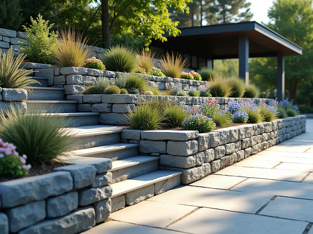 Modern Stone Wall Rock Garden with Cascading Succulents - A stunning architectural driveway retaining wall made of natural gray stone blocks, featuring multiple tiers filled with colorful rock garden plants. Cascading succulents in blues and purples, alpine plants with delicate pink and white flowers, and ornamental grasses spill over the edges. Soft afternoon sunlight casting gentle shadows, creating depth and texture. The wall follows alongside a neat concrete driveway, with a modern home visible in the background. Photorealistic, high detail, landscape architecture photography style.