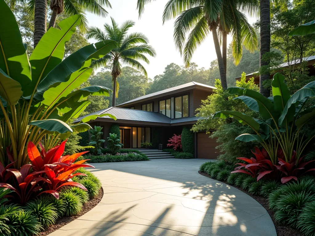 Tropical Driveway Paradise - A stunning modern residential driveway bordered by lush tropical landscaping, featuring towering banana trees with large dramatic leaves, vibrant red cannas, and majestic tree ferns creating multiple layers of exotic foliage. The plants cascade elegantly along both sides of a curved concrete driveway, creating a jungle-like atmosphere. Soft afternoon sunlight filters through the leaves, casting intricate shadows on the driveway. The contemporary home is partially visible in the background, while the foreground showcases the rich contrast between the structured driveway and the wild, tropical vegetation. Photorealistic, high-end landscape design photography style.