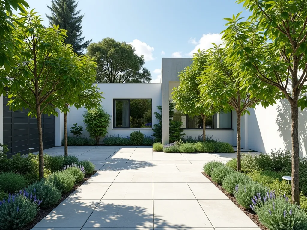 Modern Urban Food Garden with Driveway - A stunning modern front garden with a neat concrete driveway bordered by espaliered apple trees trained against a sleek white wall. Beautiful herb gardens with sage, rosemary, and lavender create organized geometric patterns along the driveway edge. Compact blueberry bushes add vibrant foliage, while ornamental strawberries cascade from modern raised planters. The scene is captured in bright natural sunlight, showing the harmonious blend of edible landscaping with contemporary design. Architectural elements include modern pathway lighting and clean lines, photographed in a photorealistic style.