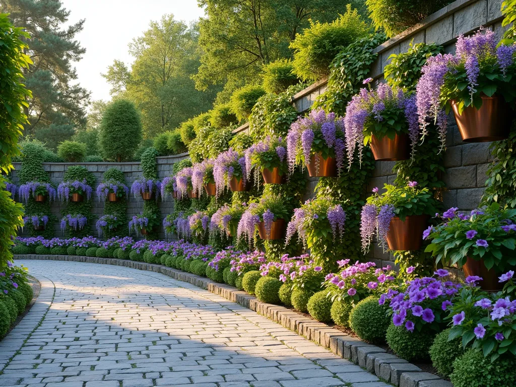 Verdant Living Driveway Border - Photorealistic view of an elegant residential driveway with a stunning vertical garden border. A stone wall features cascading tiers of wall-mounted copper planters filled with vibrant wisteria, clematis, and climbing roses. Multiple hanging baskets overflow with purple petunias and trailing ivy, creating a lush green curtain effect. The driveway is paved with light grey cobblestones, and the living wall transitions seamlessly from ground-level flowerbeds to climbing vines, creating a harmonious blend of hardscaping and natural elements. Shot during golden hour with soft, natural lighting highlighting the various textures and depths of the foliage.