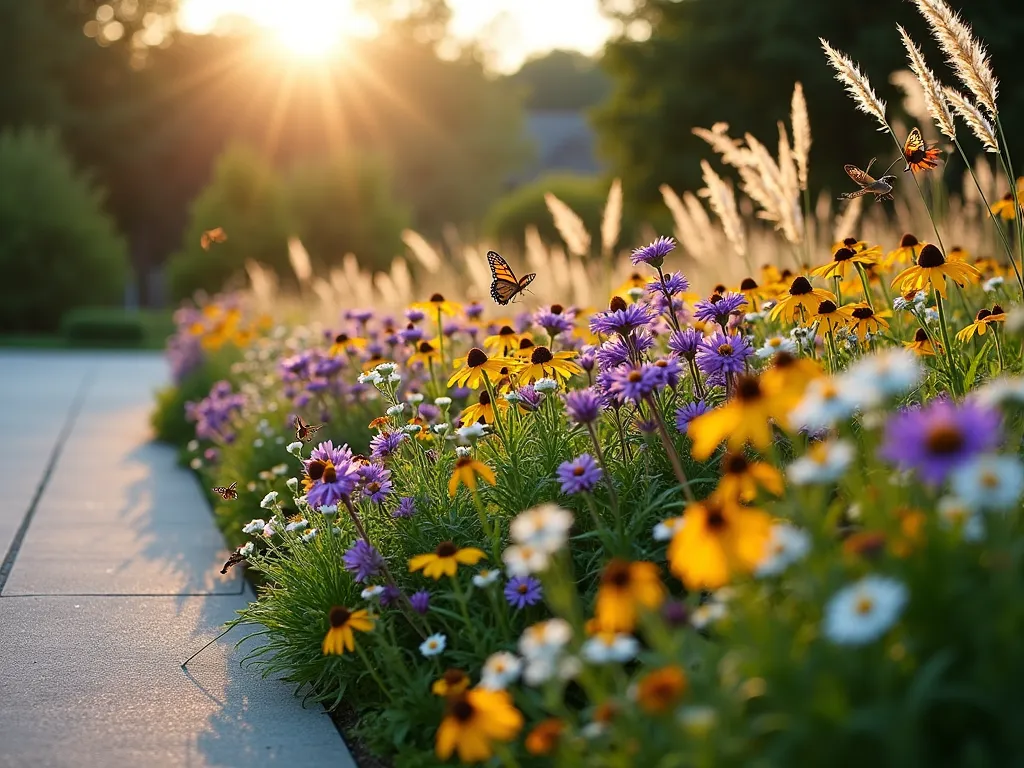 Native Garden Border with Driveway - A professional landscape photograph of a beautiful wildflower garden border alongside a modern driveway, shot during golden hour. The garden features layers of native flowering perennials in purple, yellow, and white, including coneflowers, black-eyed susans, and butterfly weed. Ornamental grasses sway in the background, creating movement and texture. Several butterflies and bees hover over the blooms, while native birds perch on strategic branches. The natural, meadow-like garden transitions smoothly from low-growing flowers at the driveway edge to taller grasses and small native shrubs at the back, creating a living tapestry. Soft, natural lighting highlights the garden's wild beauty while maintaining a neat, intentional design that complements the residential setting.