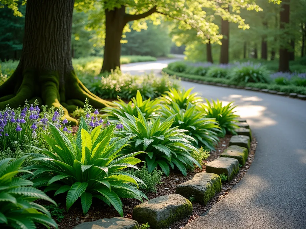 Enchanted Woodland Driveway Border - A stunning naturalistic woodland garden border along a curved driveway, photographed in soft morning light. Lush, layered plantings featuring vibrant green ferns, large-leafed hostas in various shades, and delicate purple and white spring bulbs naturalizing through the understory. Mature oak trees create dappled shade patterns on the garden floor, while moss-covered stones add texture and woodland character. The border transitions naturally from the driveway edge into the woodland setting, creating a magical forest-edge atmosphere. Professional landscape photography style, high resolution, soft bokeh effect.