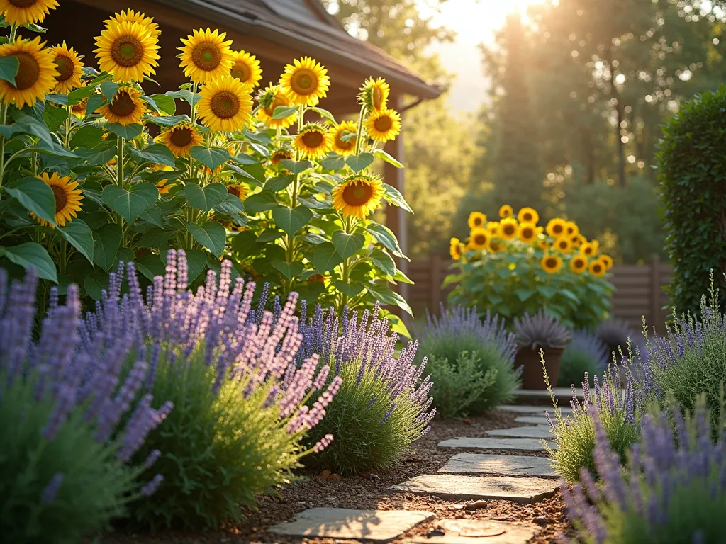 Aromatic Sunflower and Herb Garden Oasis - A stunning front yard garden featuring tall golden sunflowers towering above a lush herb garden, photographed during golden hour. In the foreground, purple lavender bushes create waves of color, while silvery-green sage and upright rosemary add texture and depth. The herbs are artfully arranged in Mediterranean-style terra cotta planters and natural stone borders. Dappled sunlight filters through the sunflower heads, creating a magical atmosphere. The garden has a cottage-meets-Provence aesthetic with a natural, organized flow. Photorealistic, high detail, warm lighting, f/2.8 depth of field.