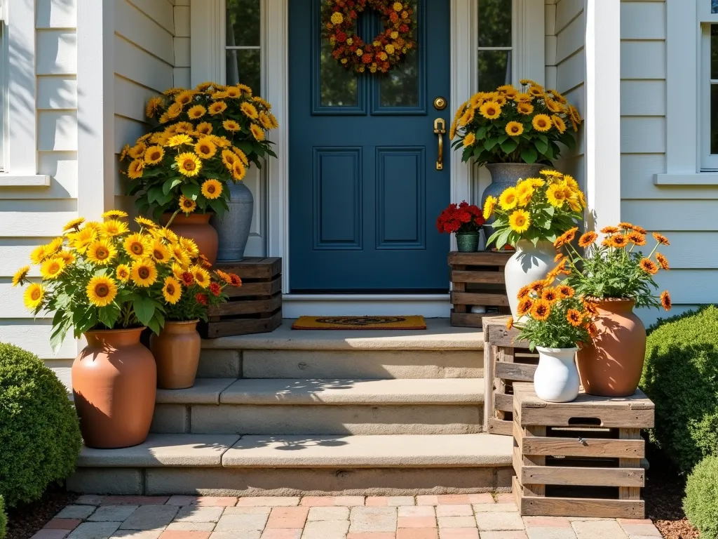 Charming Porch Sunflower Container Garden - A welcoming front porch entrance featuring an artful arrangement of rustic terracotta, navy blue, and white ceramic containers of varying heights, filled with blooming dwarf sunflowers in cheerful yellow and bronze tones. The containers are thoughtfully staggered on vintage wooden crates and steps, creating a dynamic multi-level display. Sunflowers range from 2-3 feet tall, with some varieties featuring traditional yellow petals and others showing darker orange and bronze hues. Soft morning light illuminates the scene, casting gentle shadows and highlighting the textural elements of the pottery and flowers. Photorealistic style, architectural detail, cottage garden aesthetic.