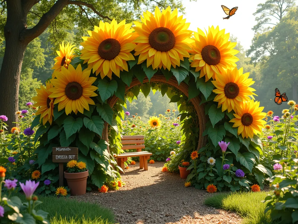 Enchanting Children's Sunflower House - A whimsical garden scene featuring a natural playhouse made of towering Mammoth sunflowers planted in a circular formation, 8 feet tall, creating magical walls with golden blooms. A charming archway entrance decorated with climbing morning glories. Sunlight filters through the flower heads, casting dappled shadows on a natural mulch path leading inside. Children's colorful toys and a small rustic bench visible inside the living structure. Butterflies and bees hover around the blooms. Captured in soft, late afternoon golden light with a dreamy, storybook quality.