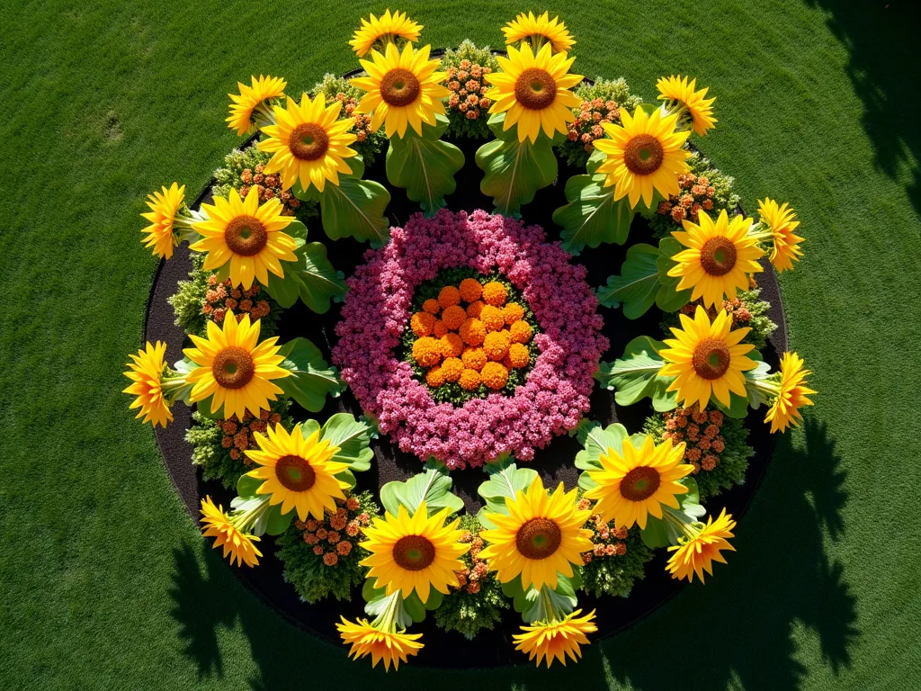 Radiant Circular Sunflower Garden Design - A stunning aerial view of a perfectly circular garden bed in a manicured front yard, where tall golden sunflowers radiate outward from the center like sun rays. The sunflowers are arranged in concentric circles with mammoth varieties reaching 8-feet tall in the center, gradually transitioning to shorter varieties toward the edges. Between the sunflower 'rays', vibrant orange marigolds and pink zinnias create stunning color contrast. The garden has a sacred geometry feel, with clear pathways between plantings. Morning dew glistens on the petals, with warm natural lighting casting subtle shadows. The design appears both artistic and naturalistic, with the surrounding lawn perfectly maintained. Photorealistic, high detail, architectural garden design perspective.