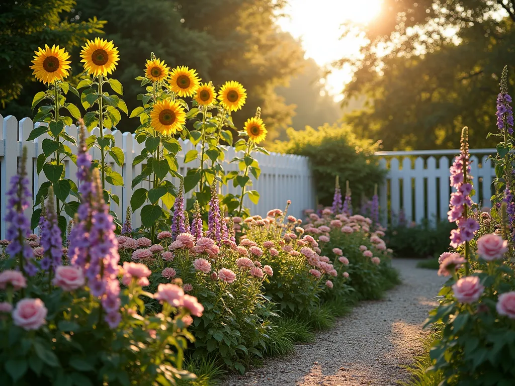 Enchanted Cottage Garden with Sunflowers - A dreamy, cottage-style garden photographed during golden hour, featuring tall golden sunflowers gracefully towering over a lush mix of pink climbing roses, purple delphiniums, and peachy-pink hollyhocks. The flowers are arranged in a naturalistic, informal style against a white cottage fence, creating layers of height and color. Dappled sunlight filters through the flowers, creating a romantic, ethereal atmosphere. The garden has a lived-in, cottage core aesthetic with winding gravel paths and vintage garden elements.