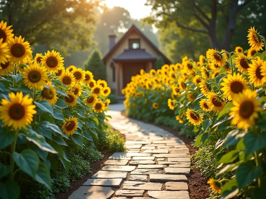 Curved Sunflower Path Welcome - A dreamy, curved garden pathway leading to a charming home entrance, featuring a stunning border of sunflowers in graduated heights. In the foreground, dwarf sunflowers bloom at 2-3 feet tall, transitioning to medium varieties in the middle, and majestic 8-foot tall sunflowers creating a natural wall in the back. The flowers face the morning sun, their bright yellow petals contrasting beautifully with the lush green foliage. The winding path is made of natural stone pavers, with soft morning light casting dappled shadows across the walkway. The composition creates a sense of depth and invitation, with the house visible in the background through the golden sunflower display. Photorealistic, morning golden hour lighting, soft bokeh effect.