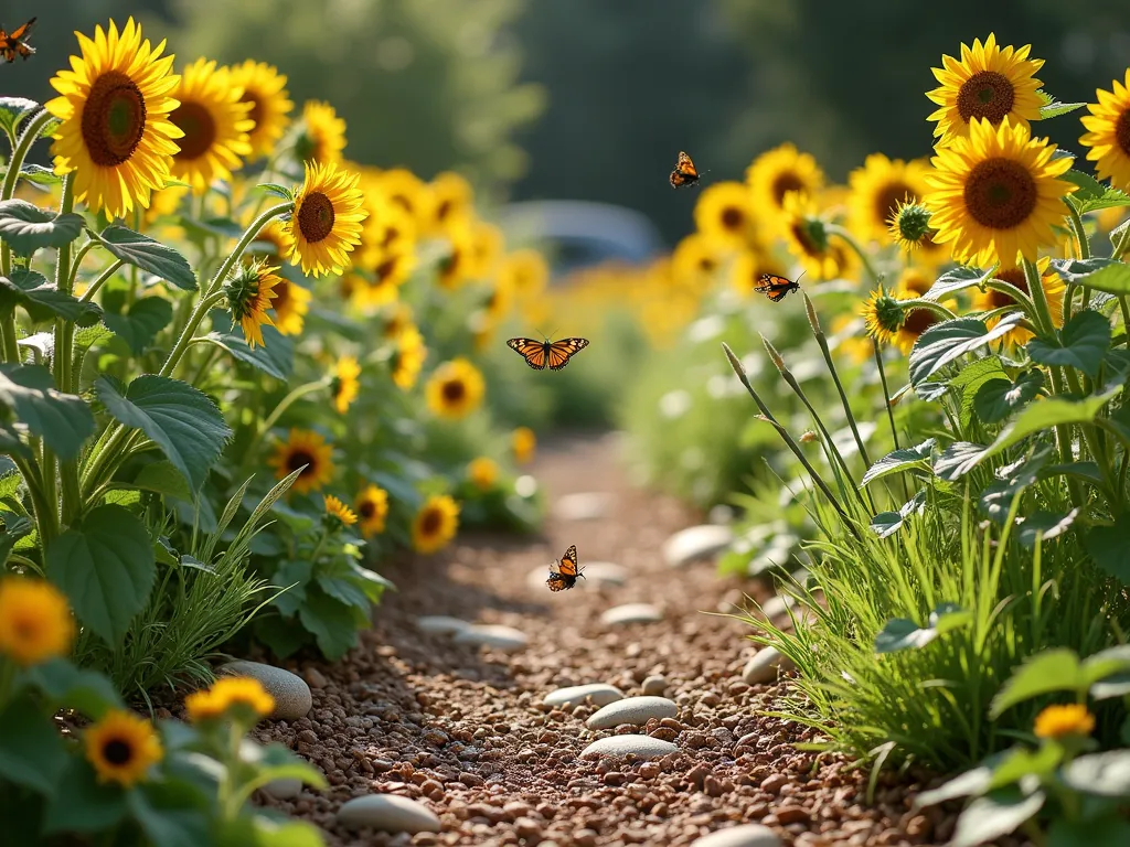 Sustainable Native Sunflower Paradise - A front yard garden featuring clusters of wild native sunflowers in various heights, surrounded by natural wood chip mulch paths. The garden includes a shallow rain garden depression with river rocks and native grasses. The sunflowers range from deep golden to pale yellow, creating a natural meadow effect. In the foreground, butterflies and bees hover around the flowers. The lighting is warm morning sunlight, casting soft shadows across the sustainable landscape. Photorealistic style, high detail, soft natural colors.