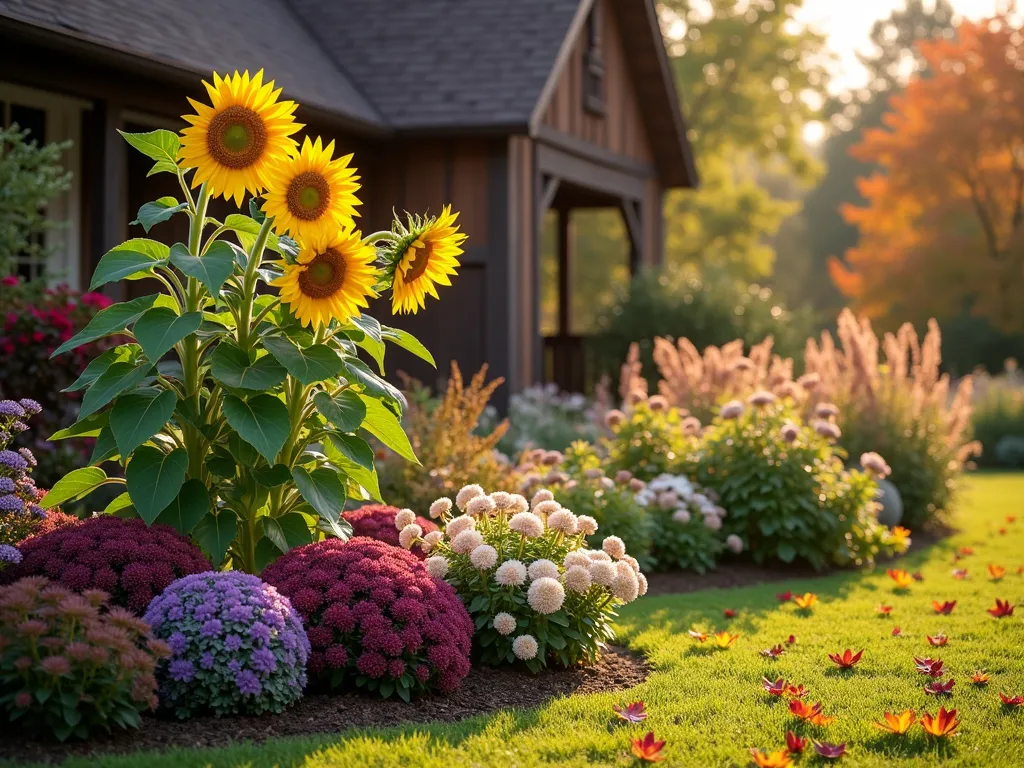 Autumnal Sunflower Garden Border - A warm, golden-lit front yard garden scene featuring towering sunflowers in full bloom against a rustic farmhouse backdrop. Rich burgundy and purple chrysanthemums cascade beneath the sunflowers, while ornamental purple and cream-colored kale creates textural interest at mid-height. Clusters of pink sedum 'Autumn Joy' add depth, with their broad flower heads catching the late afternoon sun. Bronze-tinted ornamental grasses sway in the background, while scattered fallen maple leaves in amber and crimson complete the cozy fall atmosphere. Photorealistic, soft natural lighting, shallow depth of field.